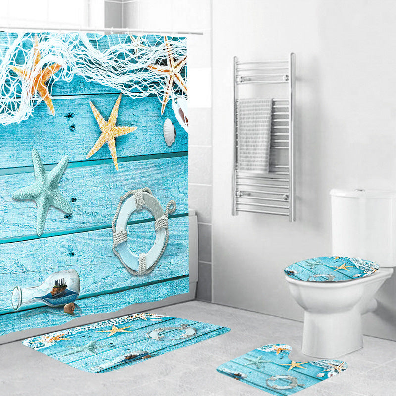 Starfish Lifebuoy Blue Barn Door Beach Nautical Shower Curtain Set - 4 Pcs
