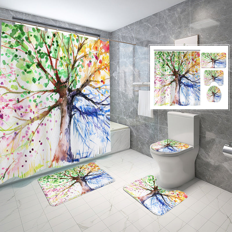 Colorful Watercolors Four Seasons Tree Shower Curtain Set - 4 Pcs