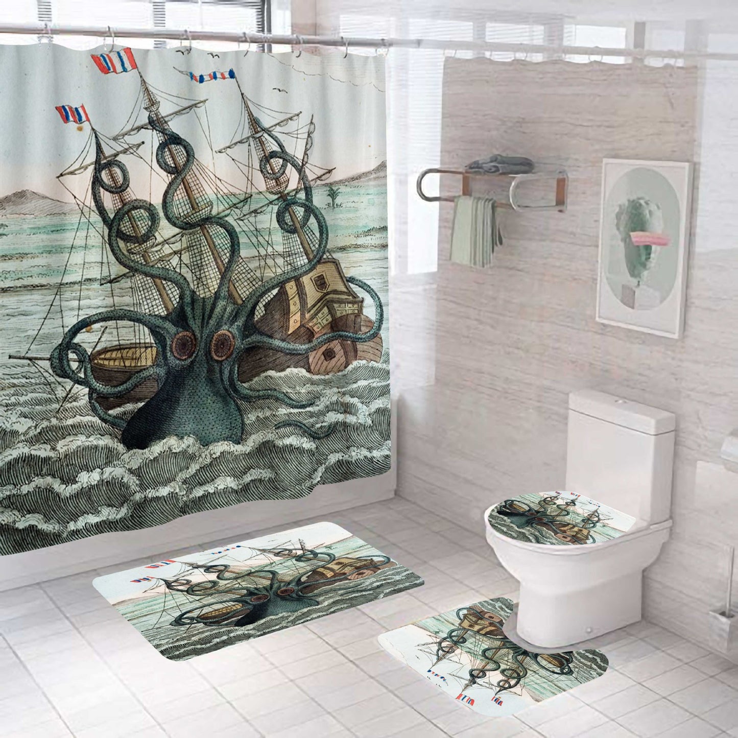 Caribbean Sea Sailbot Octopus Kraken Shower Curtain Set - 4 Pcs