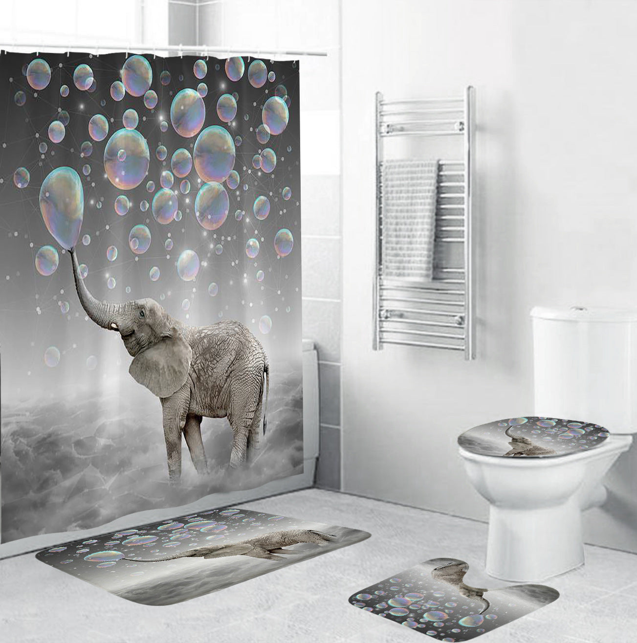 Rainbow Bubble Elephant Shower Curtain Set - 4 Pcs