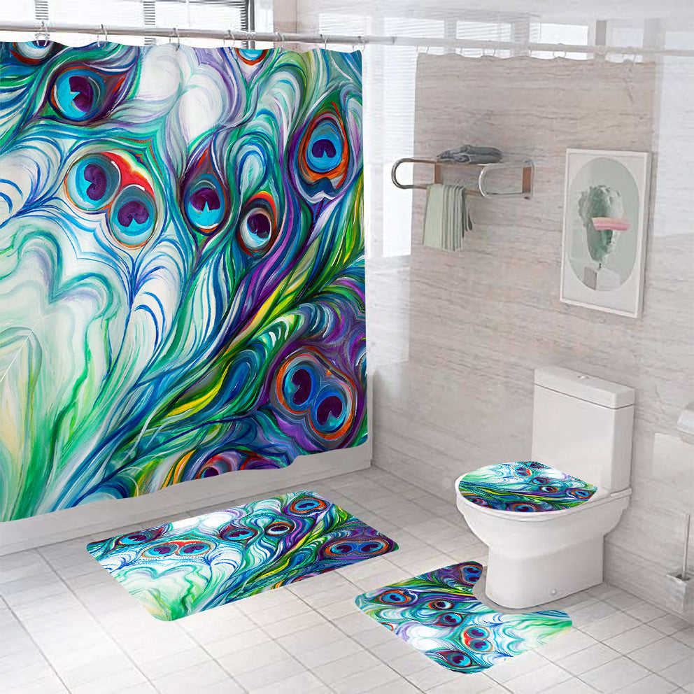 Elegant Green Blue Bird Tail Peacock Feather Shower Curtain Set - 4 Pcs