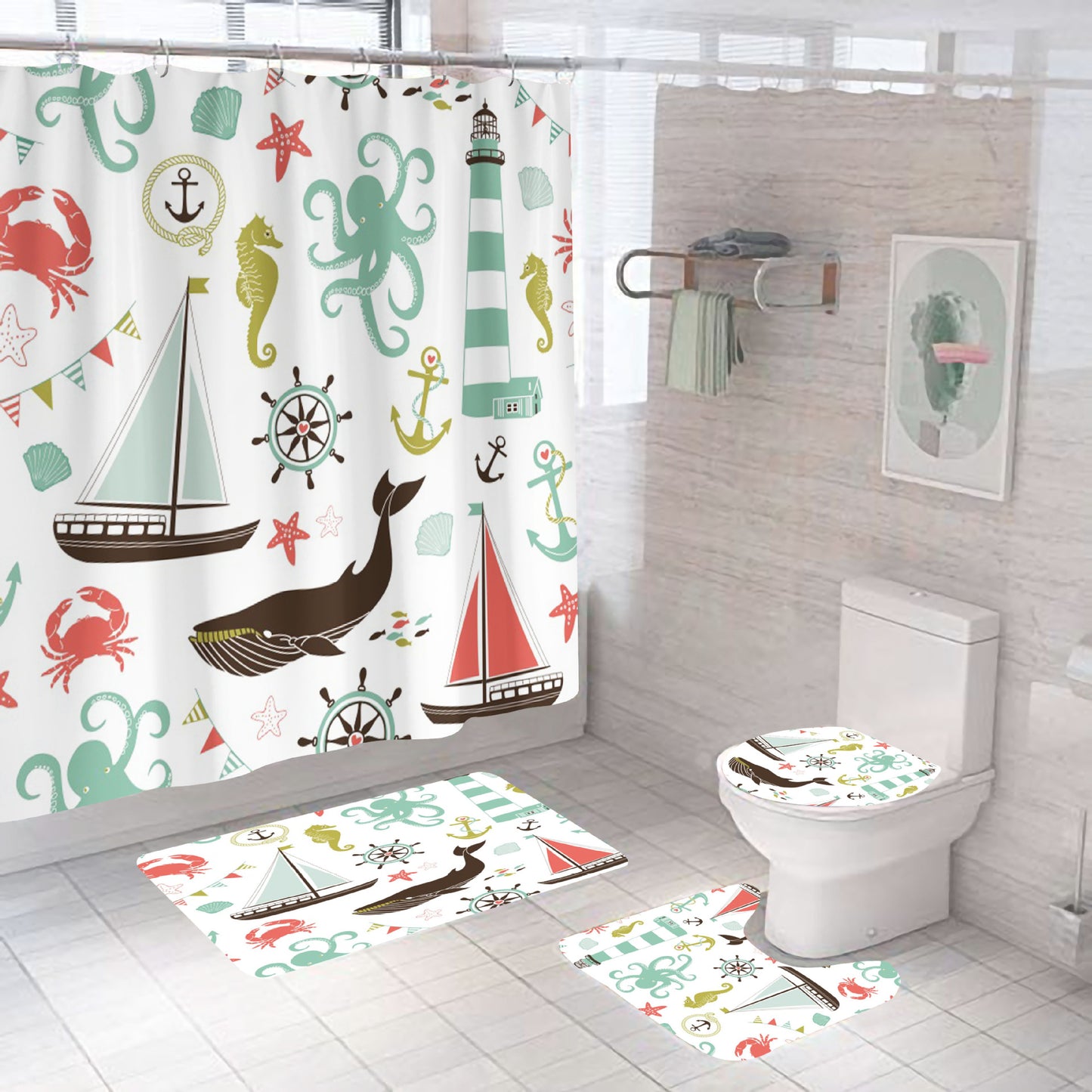 Cartoon Sea Creatures Sailboat Marine Kids Nautical Shower Curtain Set - 4 Pcs