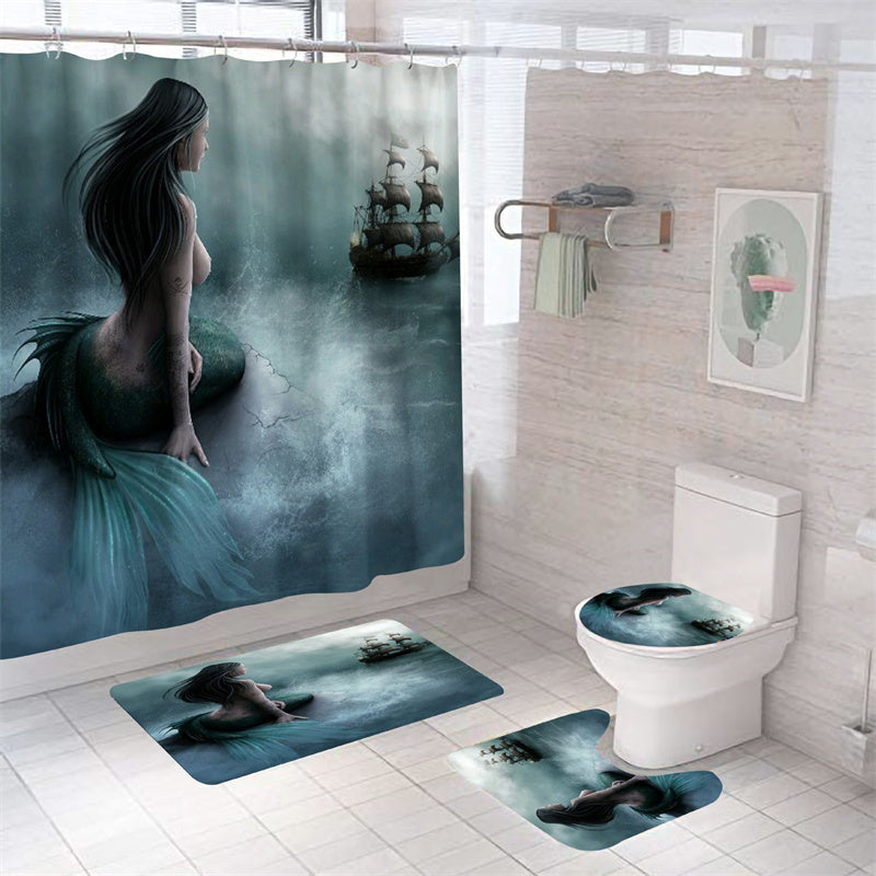 Medival Mermaid Pirate Ship Shower Curtain Set - 4 Pcs