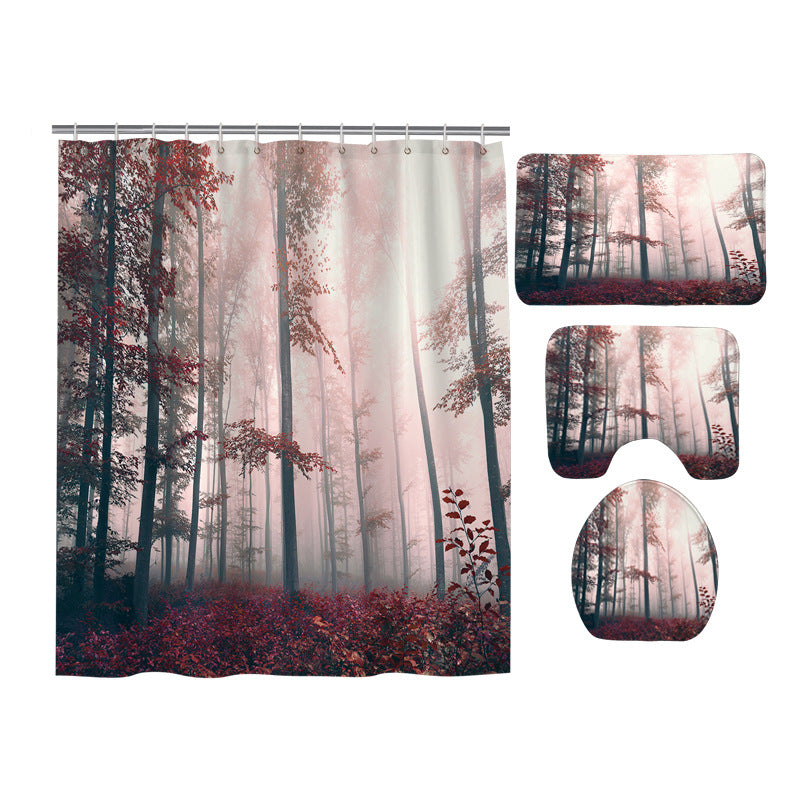Red Enchanted Forest Woodland Autumn Fall Shower Curtain Set - 4 Pcs