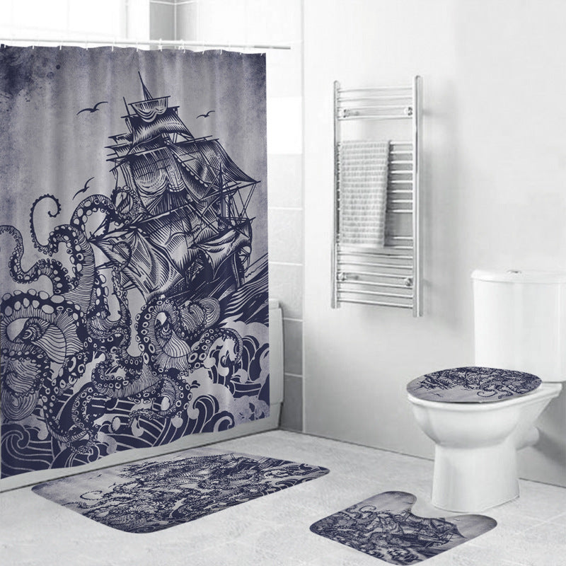 Japanese Medieval Art Sailboat Octopus Kraken Shower Curtain Set - 4 Pcs