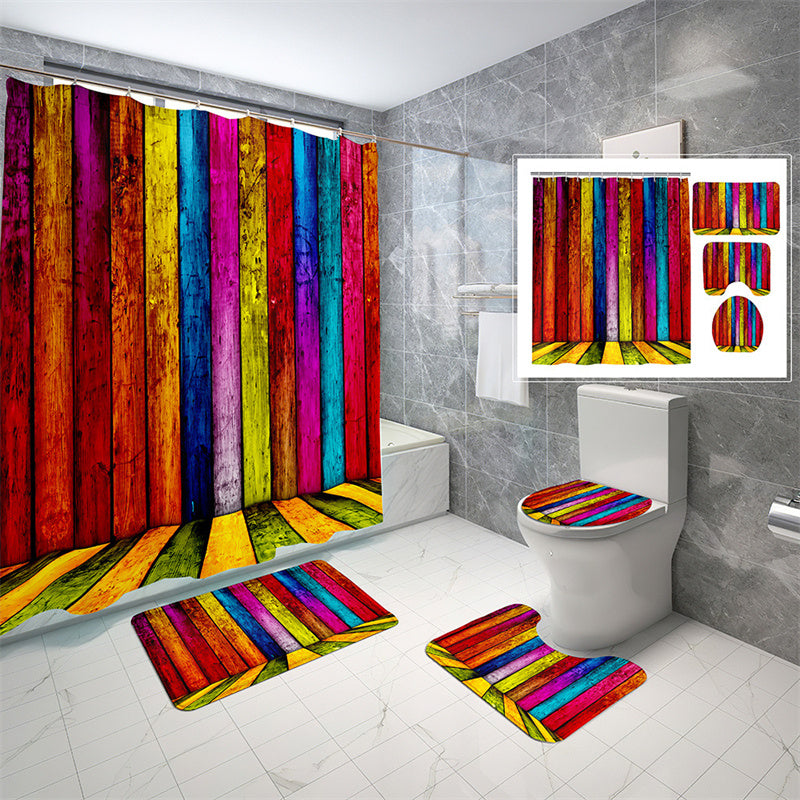 Rustic Old Rainbow Colors Wood Door Shower Curtain Set - 4 Pcs