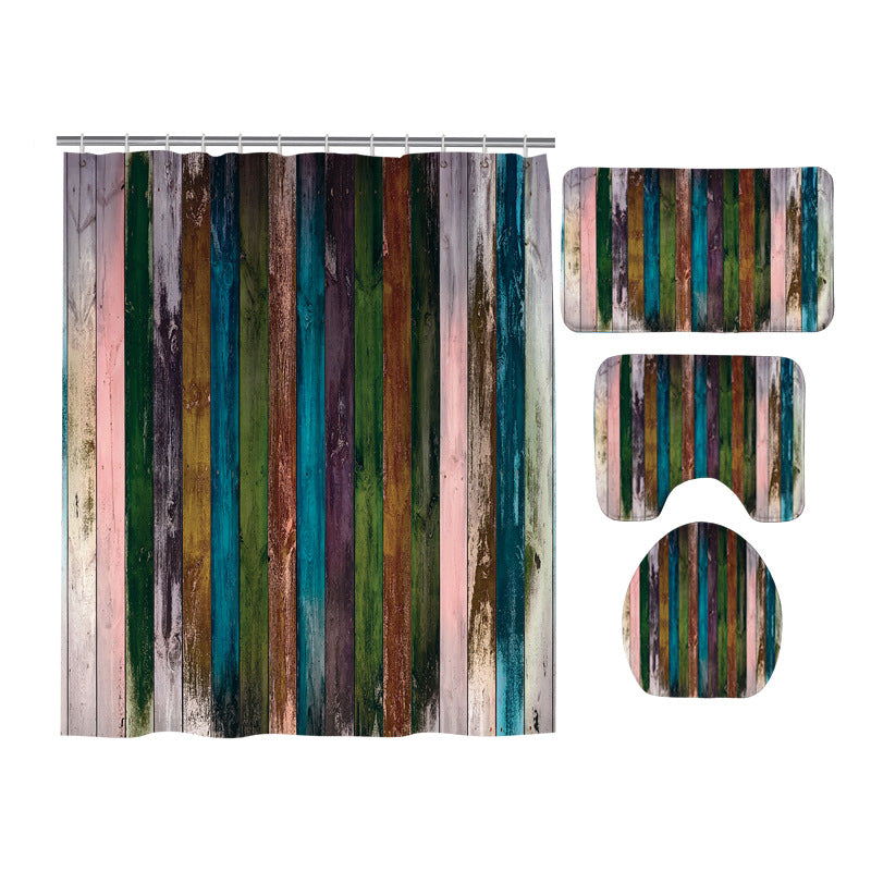 Vintage Rainbow Color Print Woodgrain Shower Curtain Set - 4 Pcs