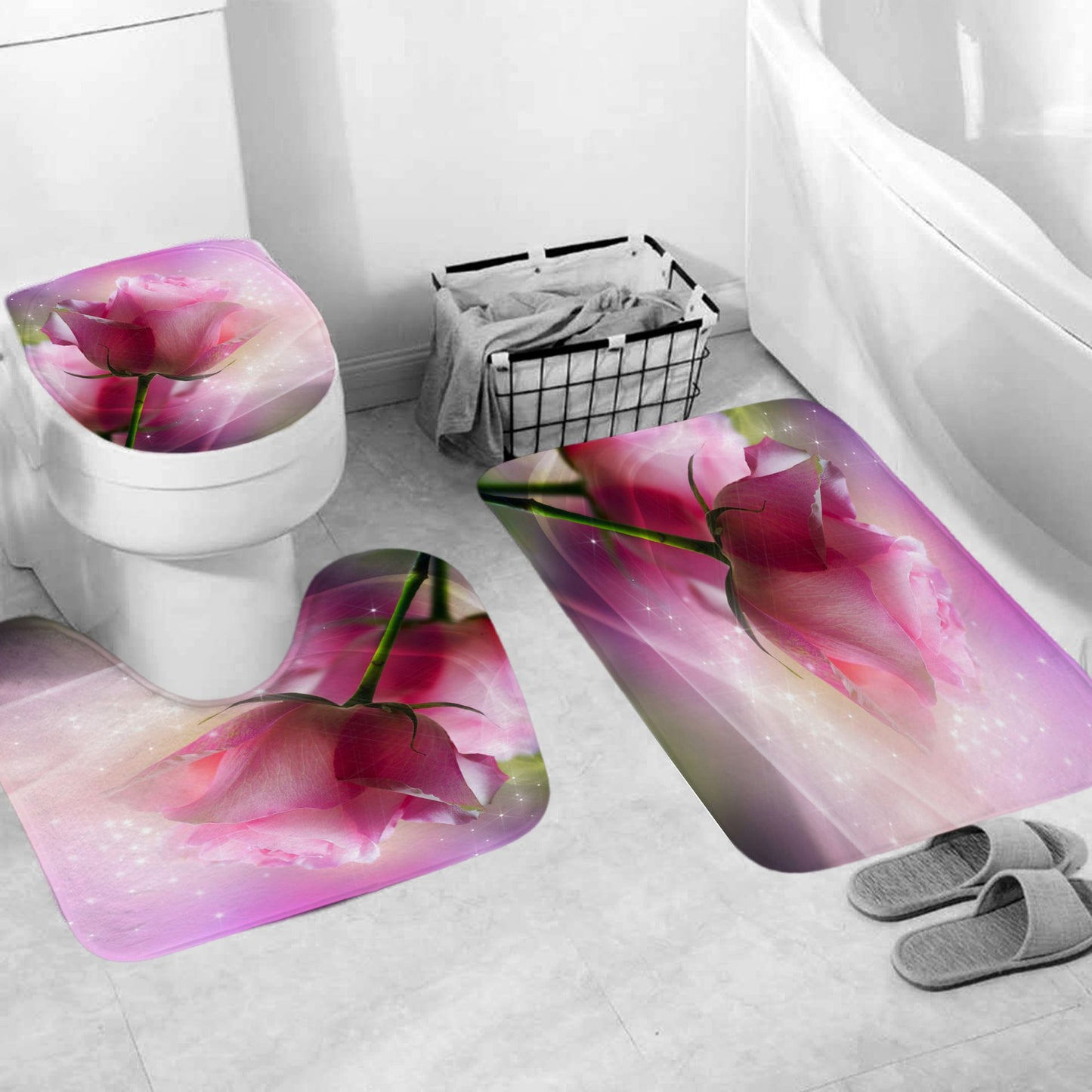 Pink Roses Shower Curtain Set - 4 Pcs