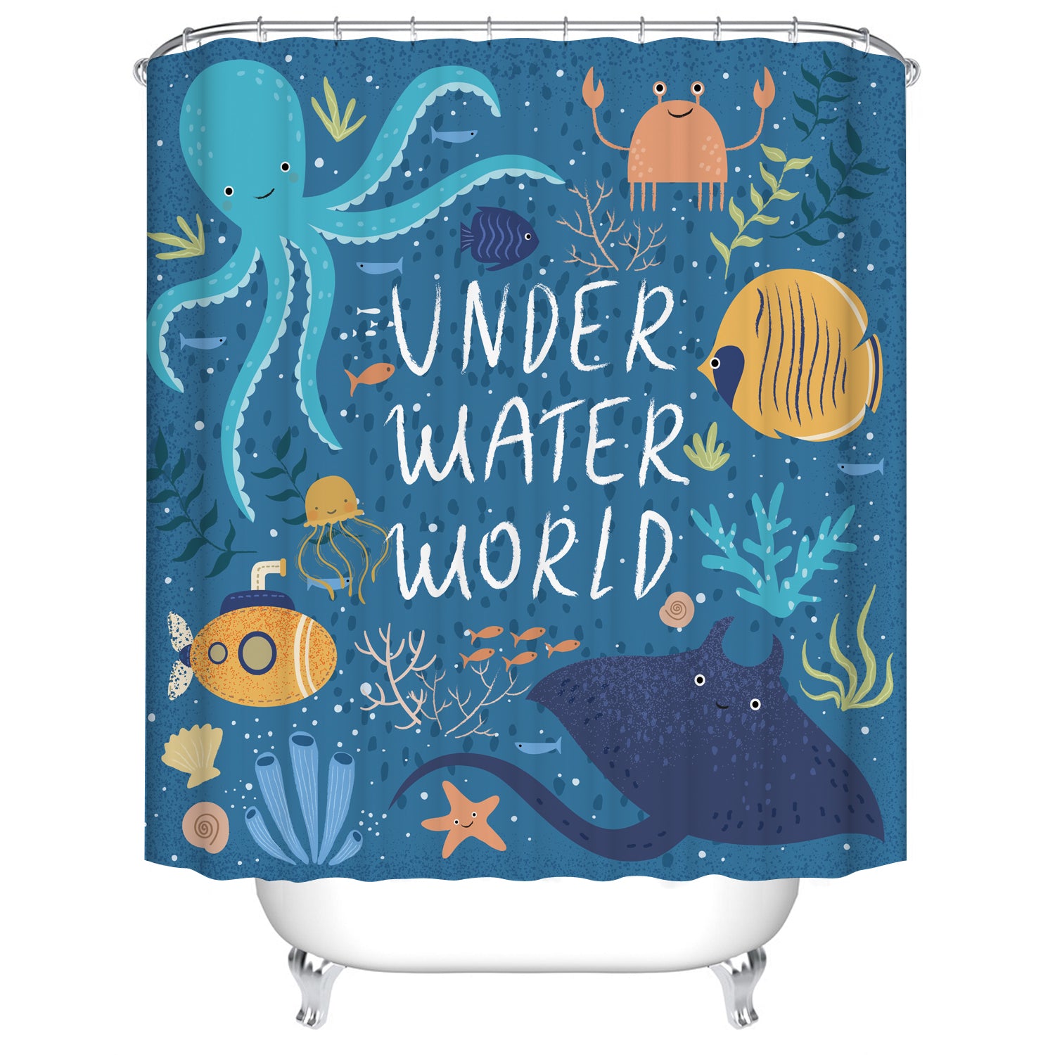 Kids Underwater Shower Curtain, Fish Octopus, Tropical Ocean Life