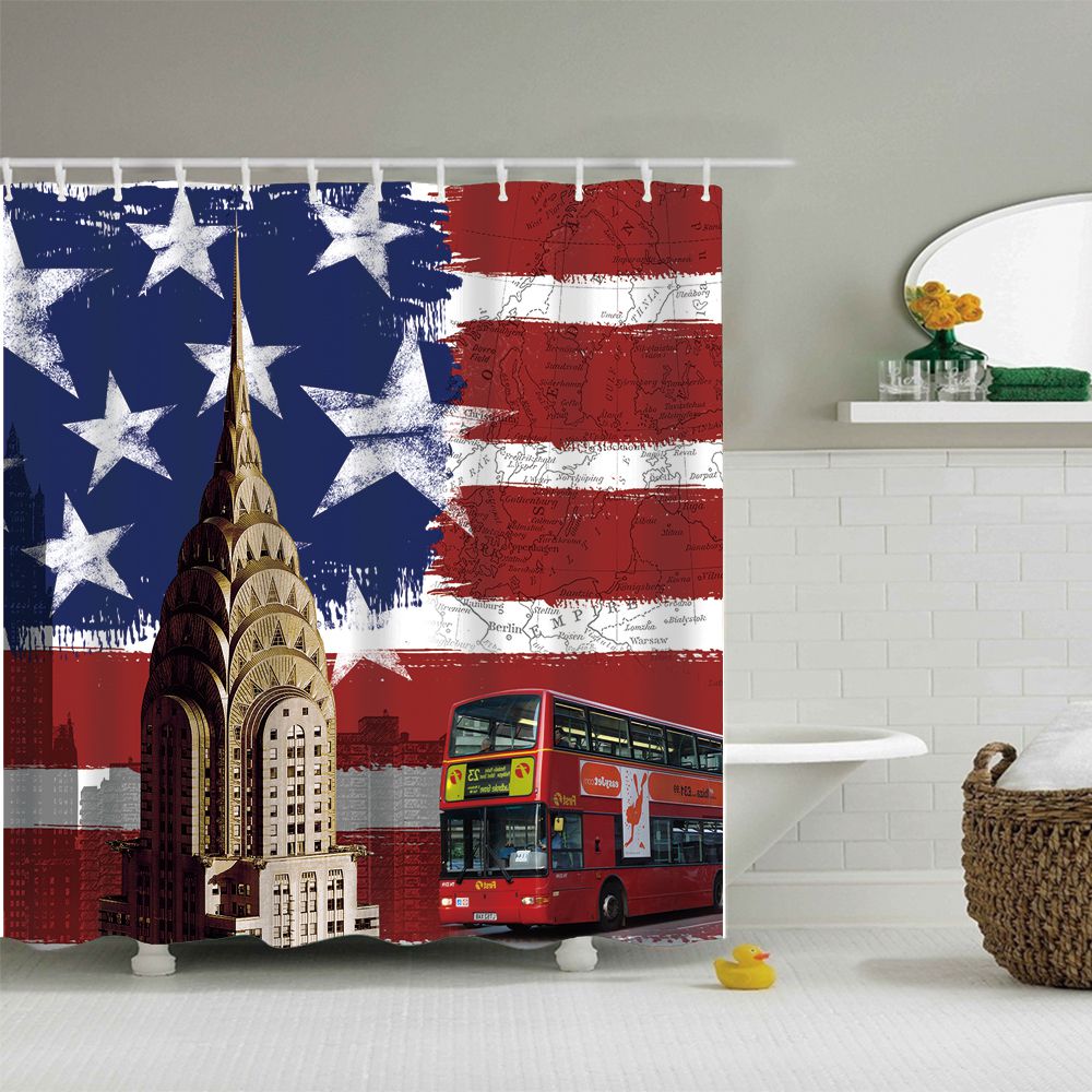 USA Flag Shower Curtain Empire State Building with Bus