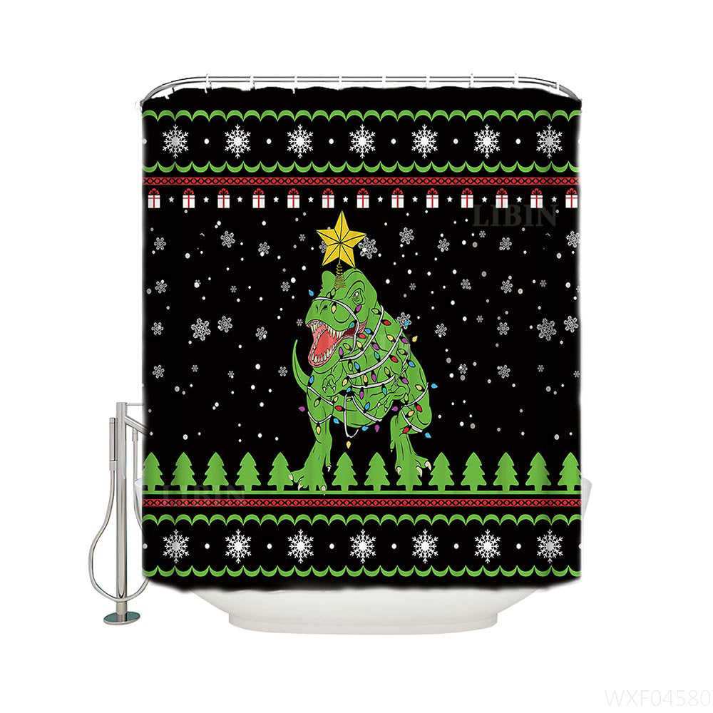 Ugly Christmas Design T Rex Dino with Christmas Lights Funny Green Dinosaur Shower Curtain