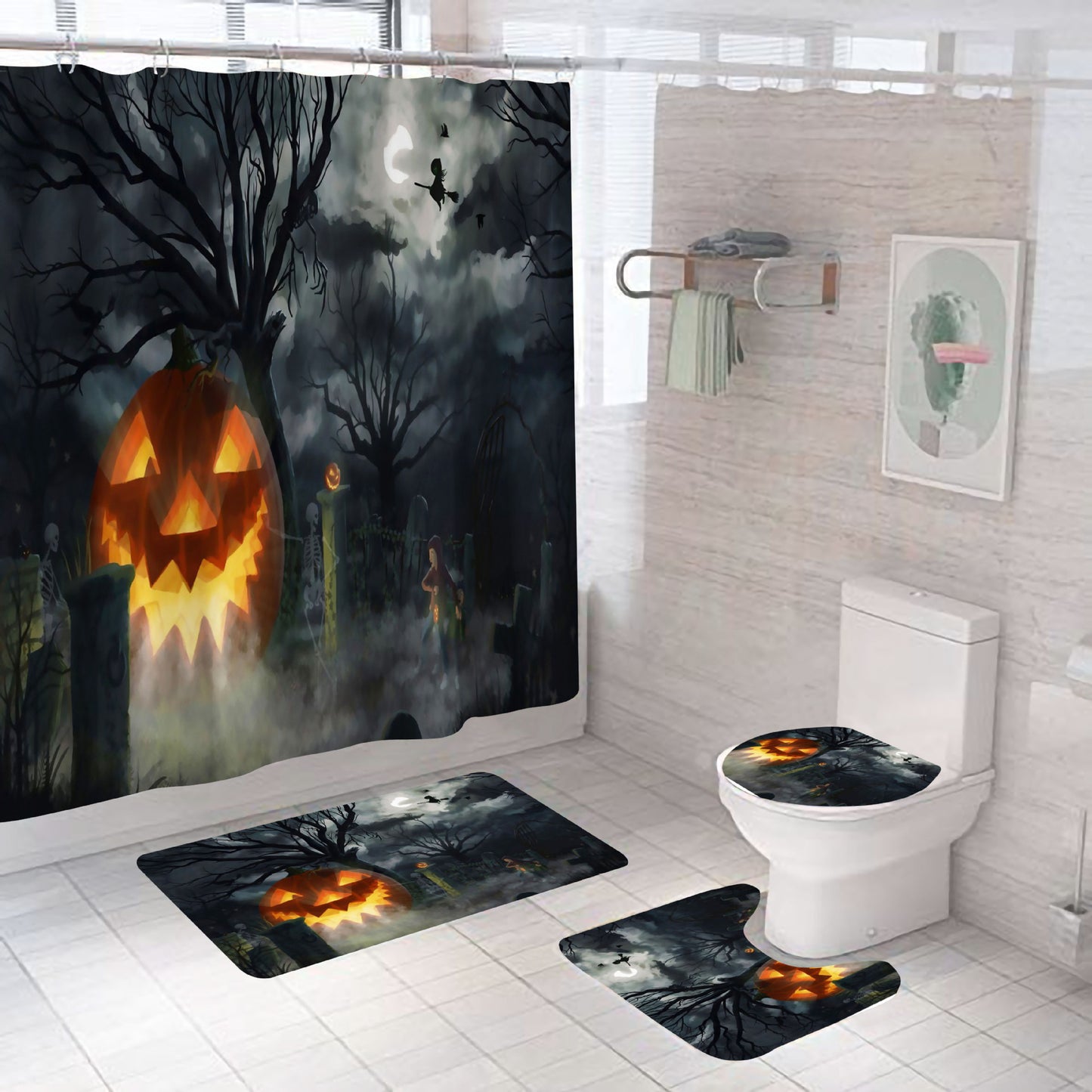 Hanging Evil Pumpkin with Horror Skull Shower Curtain