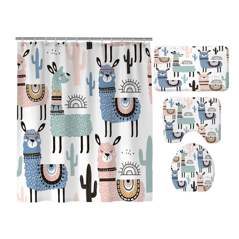 Seamless Llama Cactus Shower Curtain Set - 4 Pcs