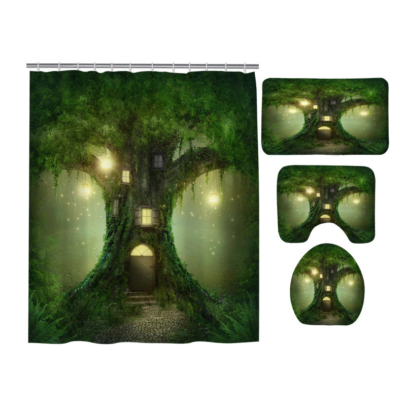 Fantasy Dreamy Forest Green Treehouse Shower Curtain Set - 4 Pcs