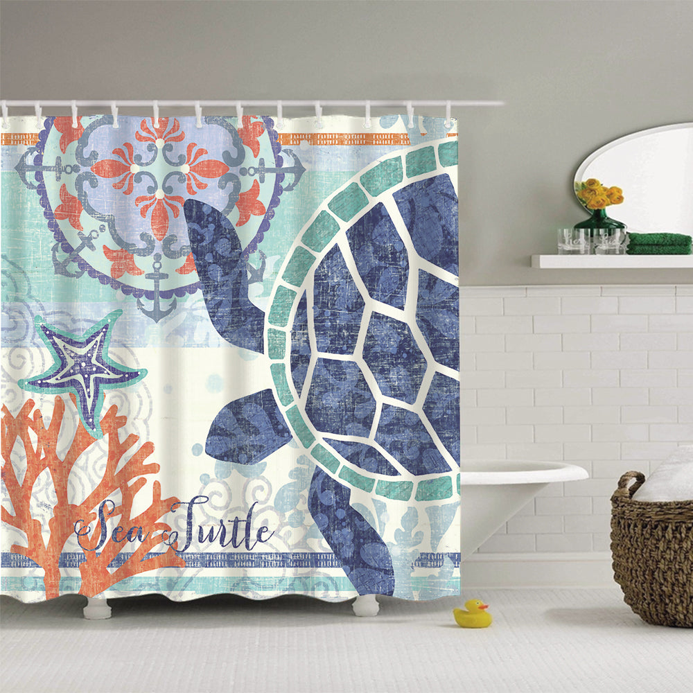 Rustic Watercolor Painting Ocean Animal Blue Seaweed Sea Turtle Shower Curtain