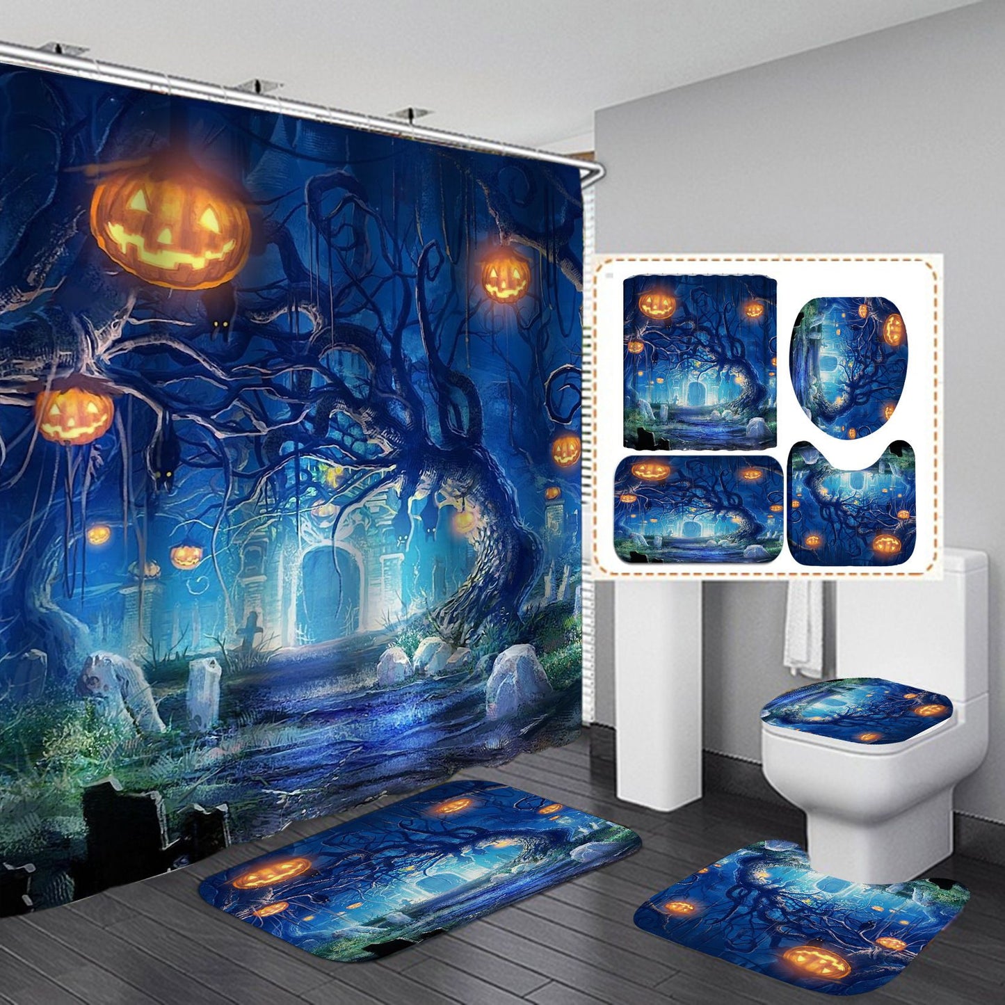Halloween Mystery Night in Cemetery Landscape Shower Curtain Bathroom Decor