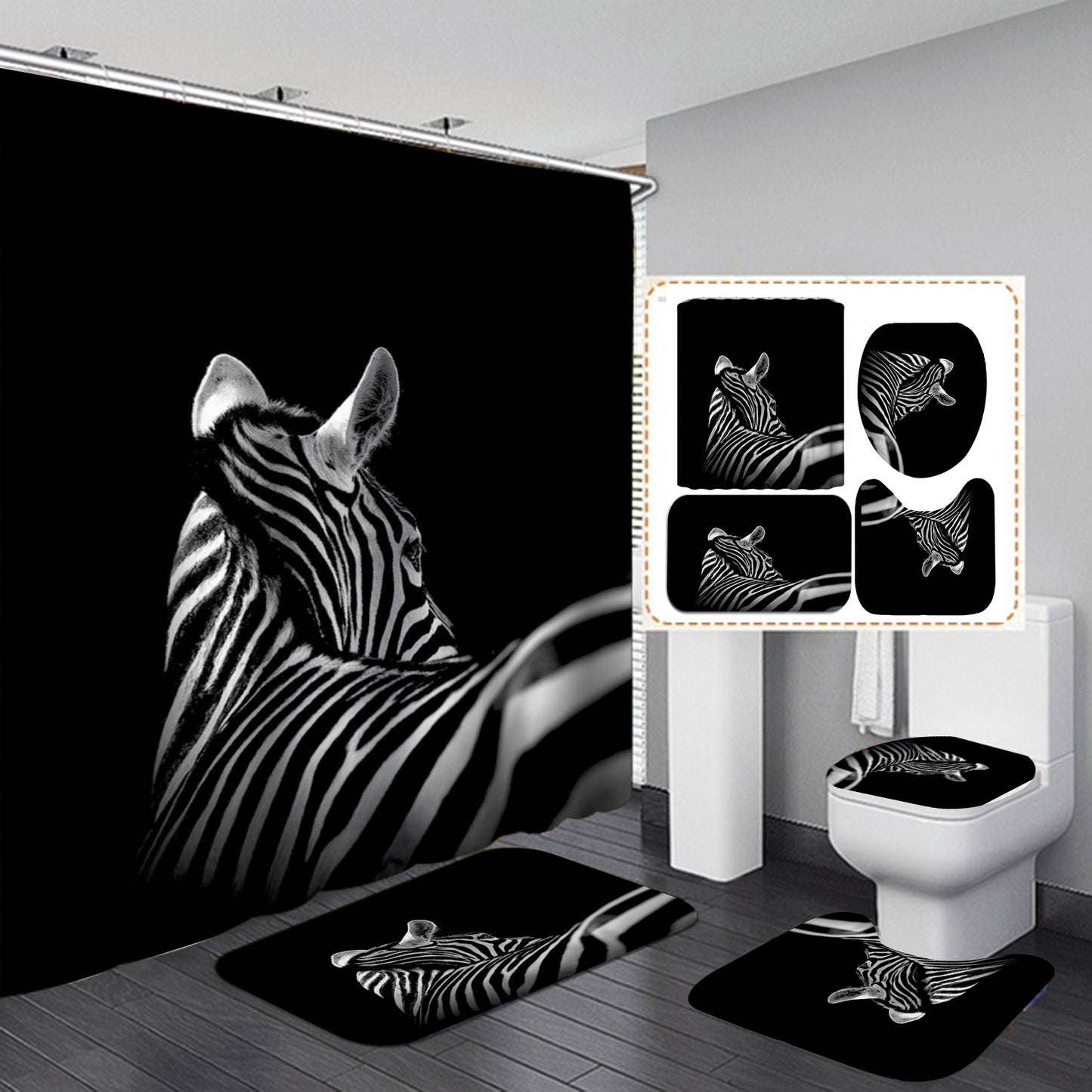 Breathtaking Black White Zebra Portraits Shower Curtain Set - 4 Pcs