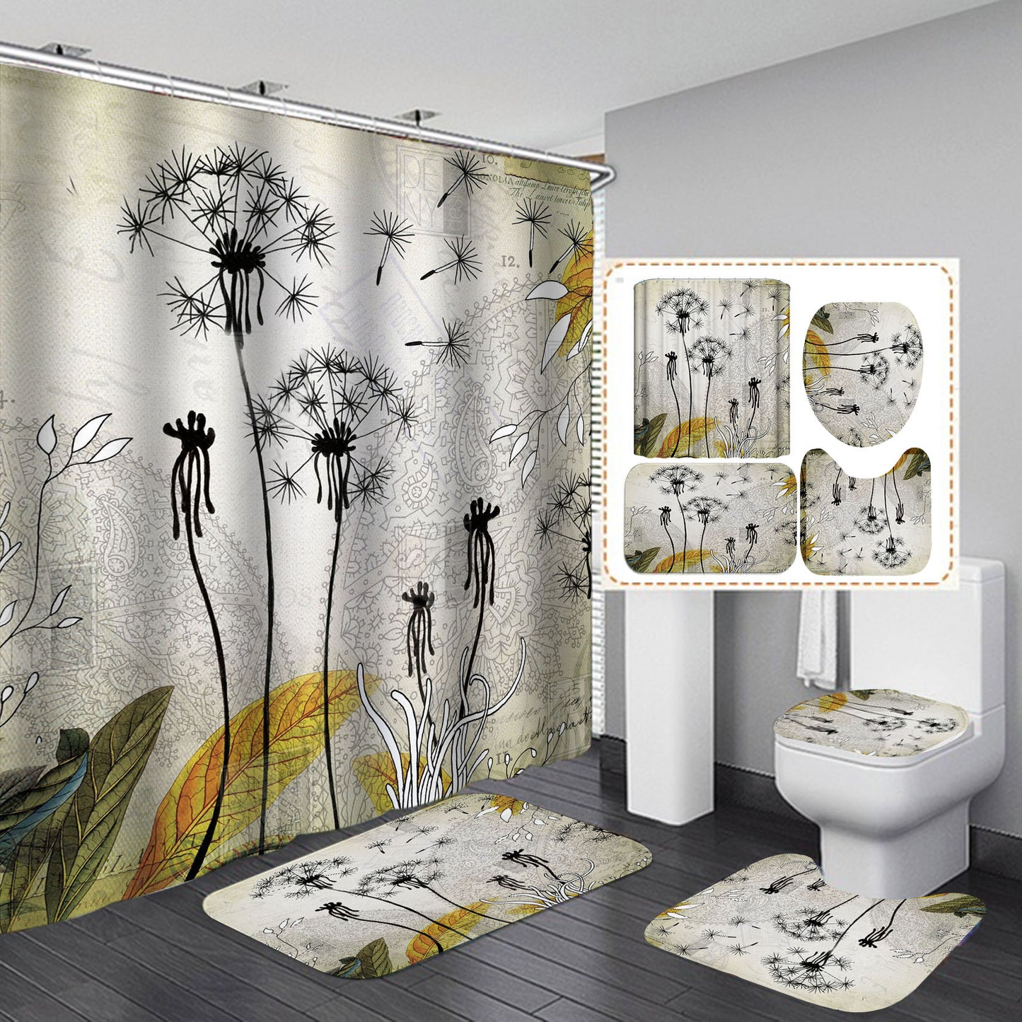 Mint Green Wind Blowing Black Dandelion Shower Curtain Set - 4 Pcs