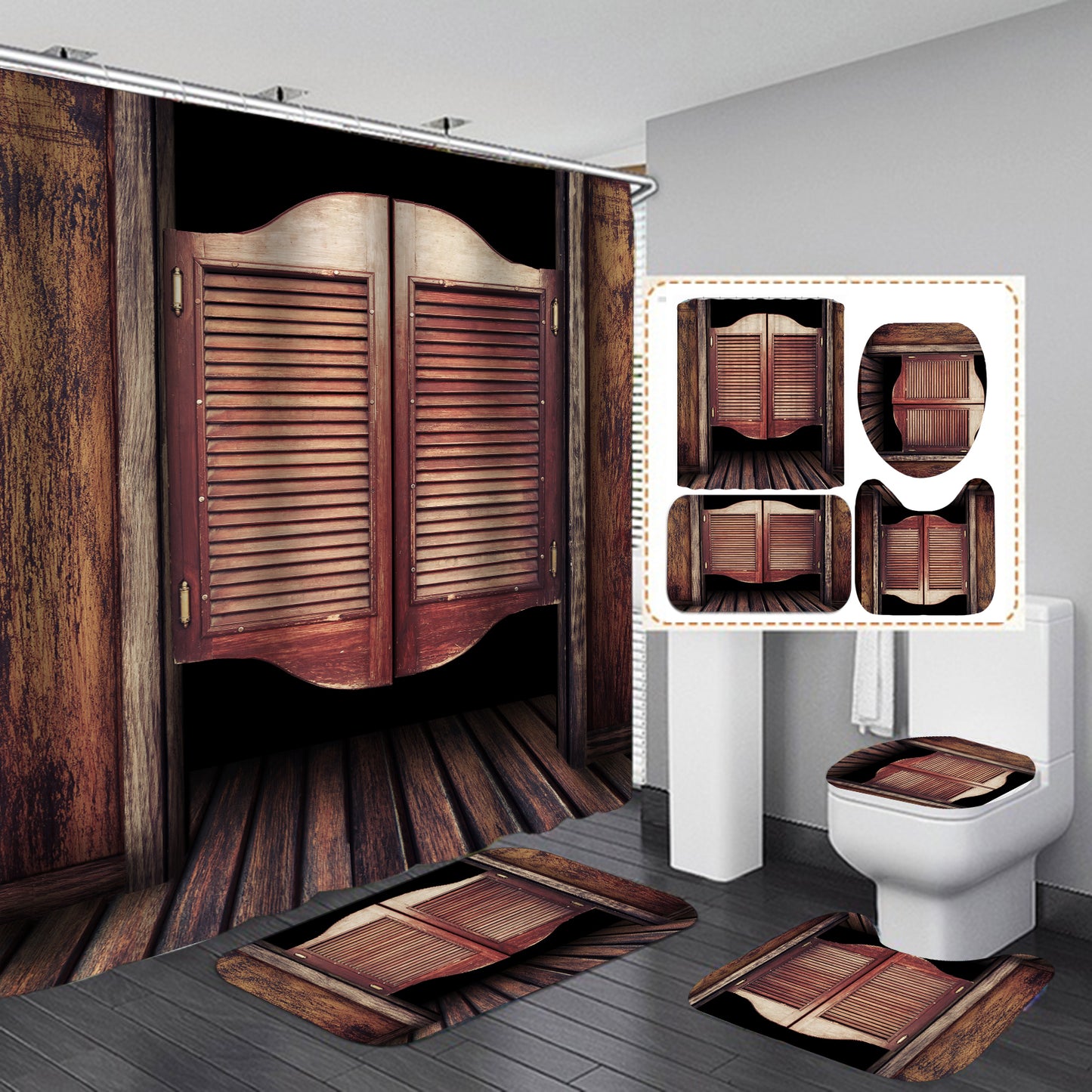 Vintage Woodgrain Door Print Shower Curtain Set - 4 Pcs