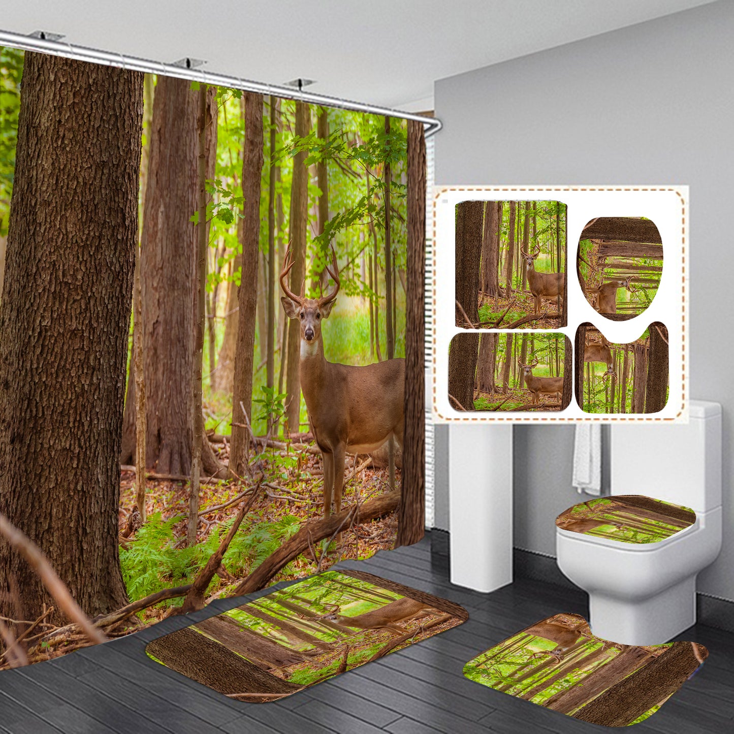 Woodland Real Deer Photo Print Shower Curtain Set - 4 Pcs
