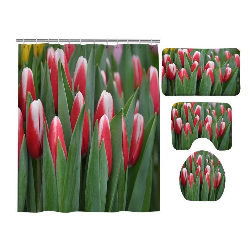 Nature Red Tulip Blossom Shower Curtain Set - 4 Pcs