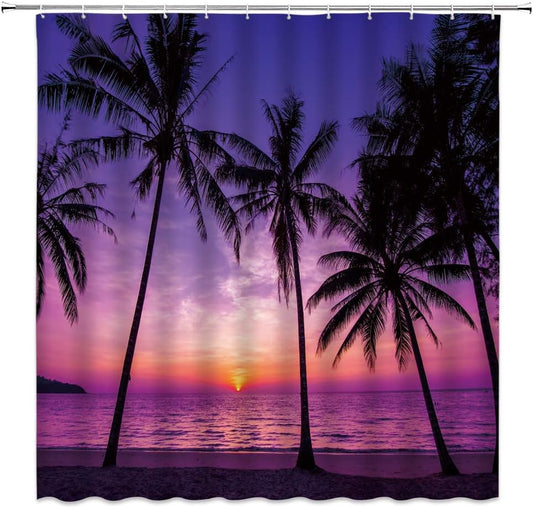 Purple Beach Sunshine Palm Tree Paradise Seaside Shower Curtain Set - 4 Pcs