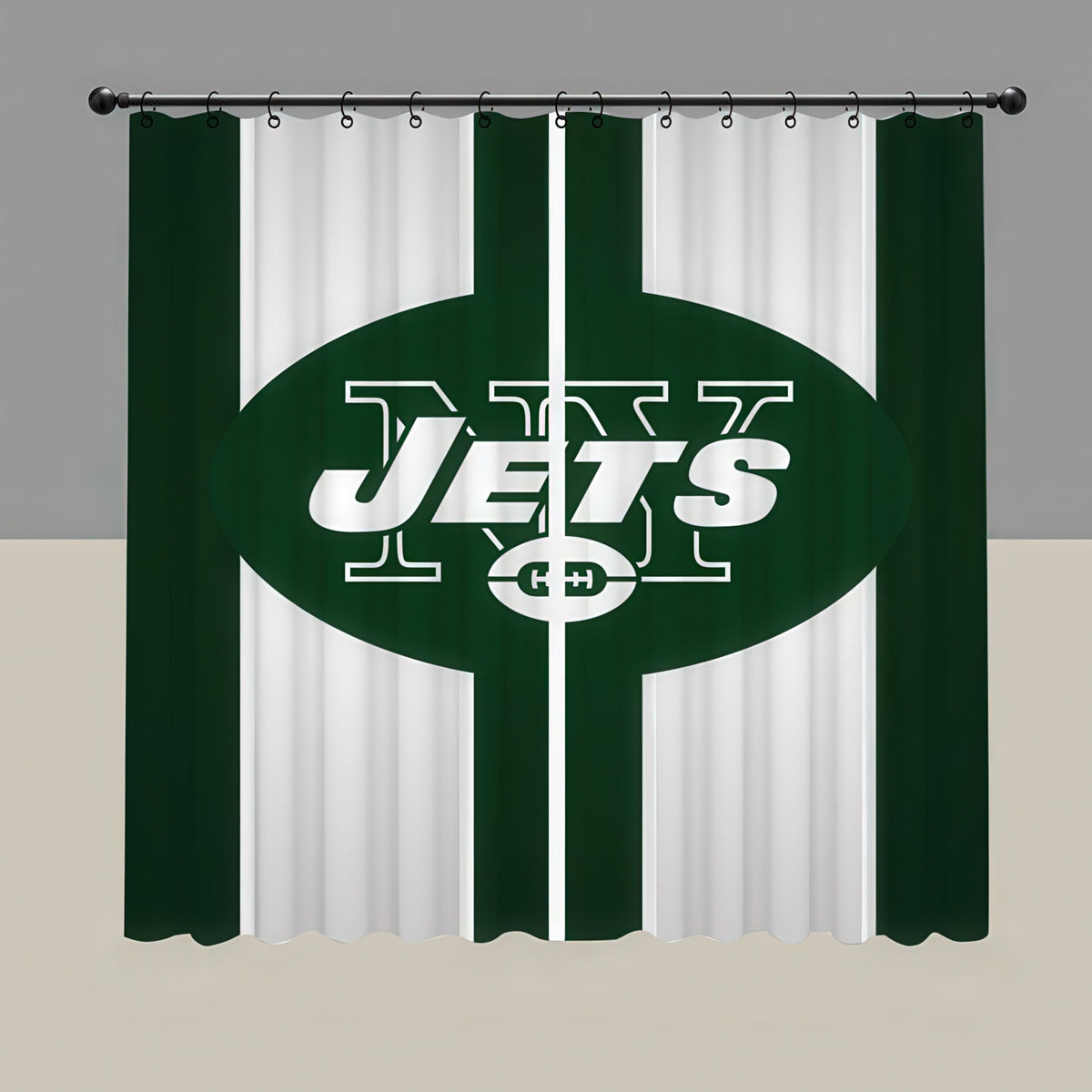 A New York Jets themed shower curtain featuring vertical green and white stripes with a large green oval logo in the center containing the white Jets wordmark and football graphic.