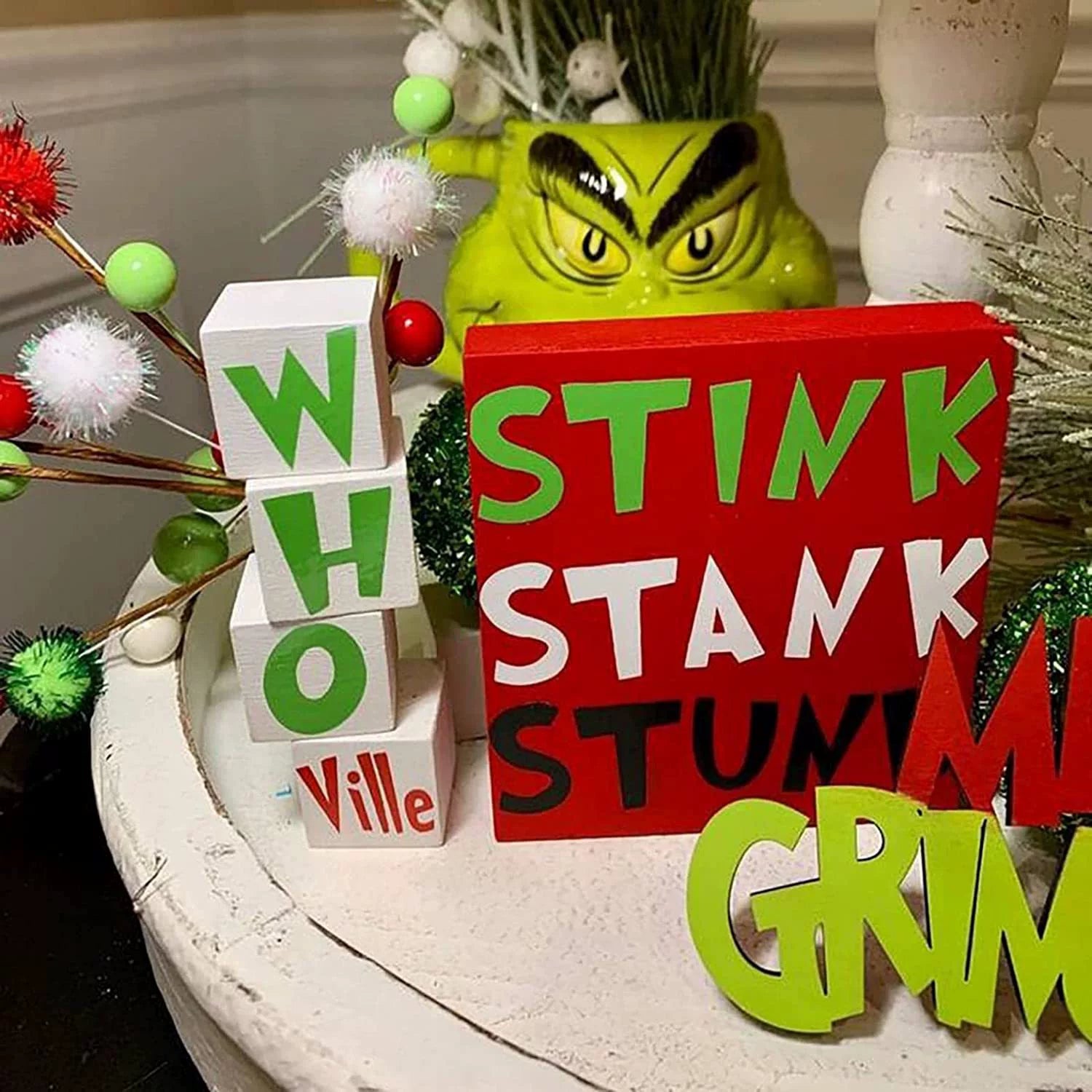 11PCS Grinchs Tiered Tray Decor,Christmas Tiered Tray Decor-Include Wooden  Signs/Gnomes Plush/Bead Garland,Grinch Christmas Decoration or Tiered Tray