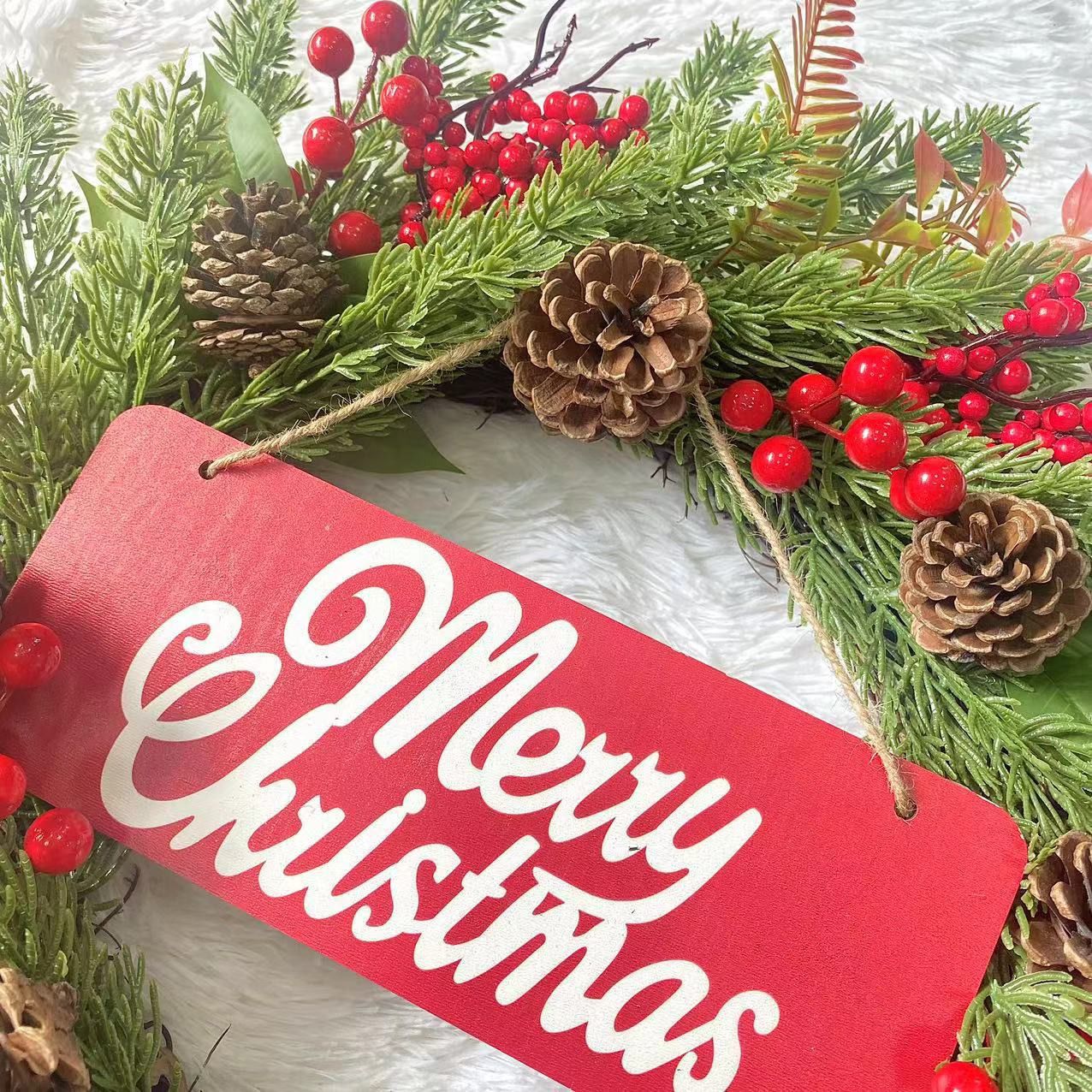 Pinecone Berries Christmas Wreath with Sign