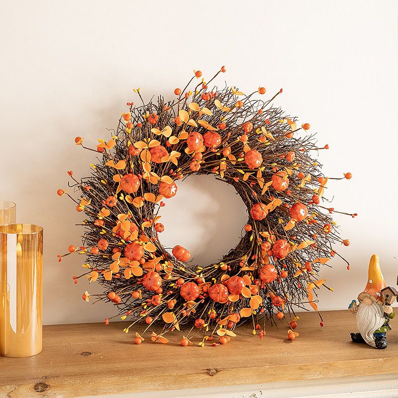 Pumpkin with Leaves Fall Twig Wreath