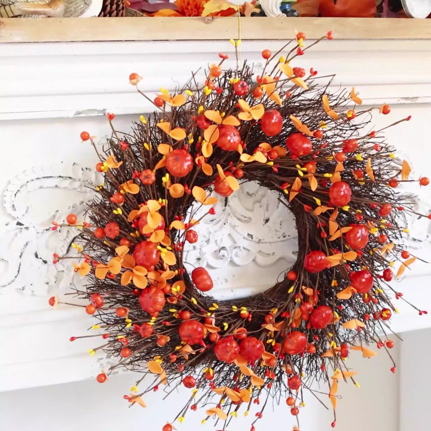 Pumpkin with Leaves Fall Twig Wreath