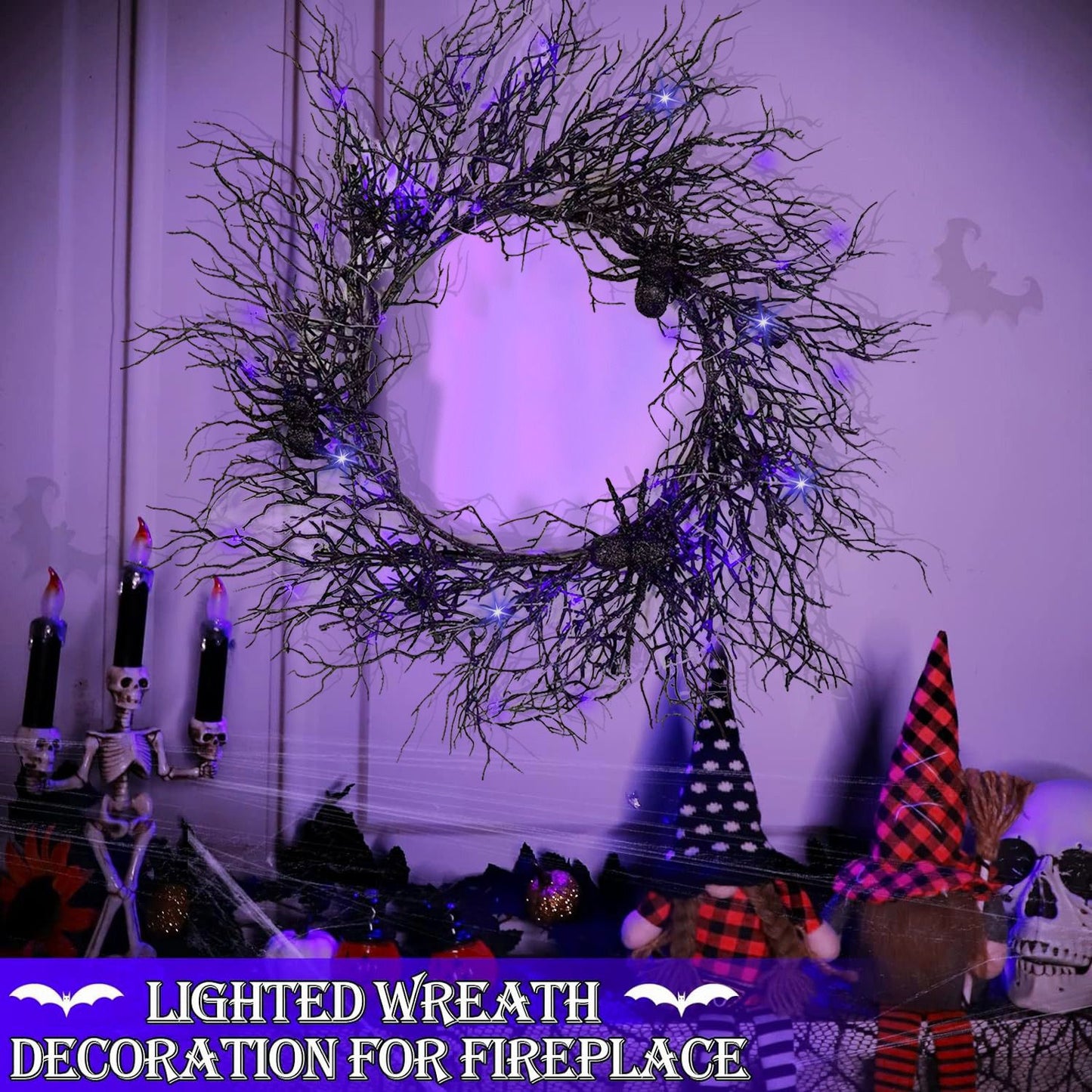 Lighted Blue LED Halloween Bat Wreath