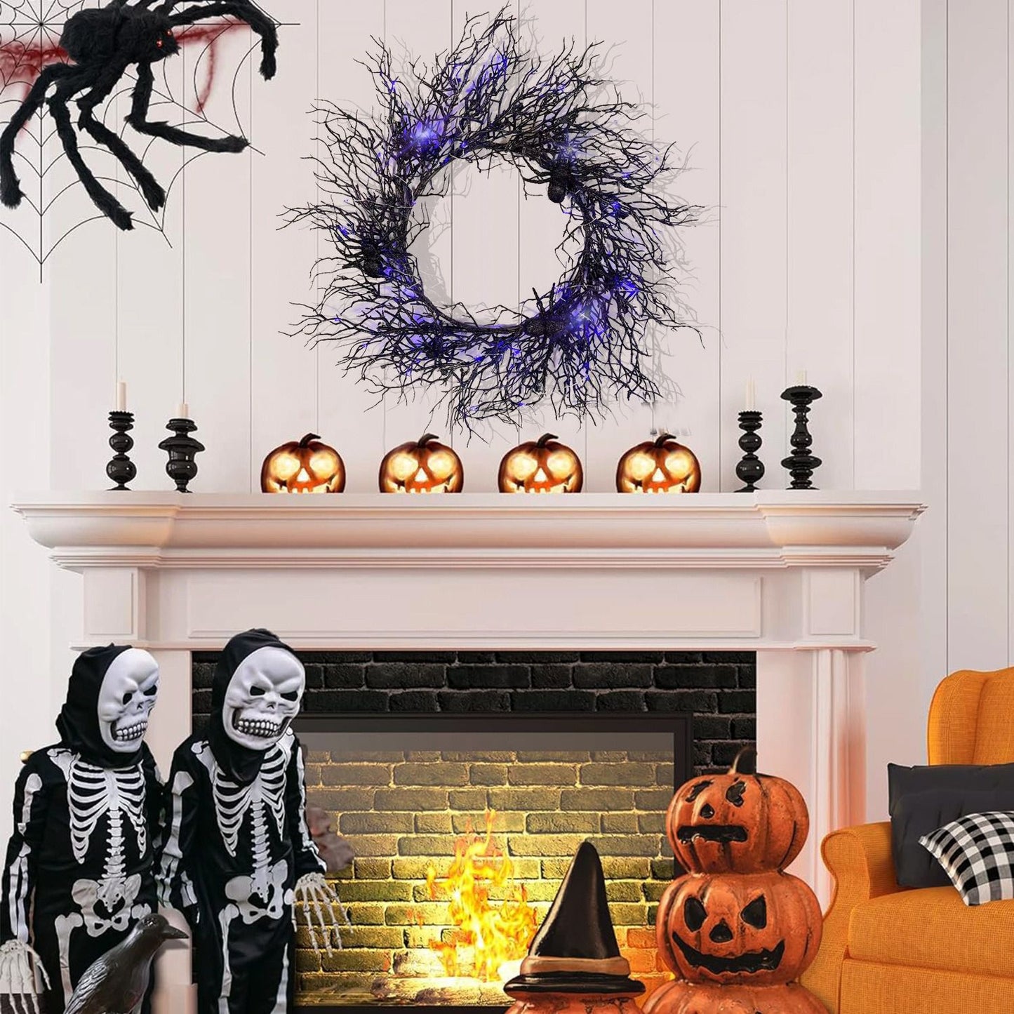 Lighted Blue LED Halloween Bat Wreath