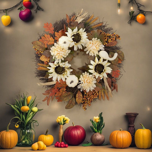 White Pumpkin Sunflower Fall Wreath