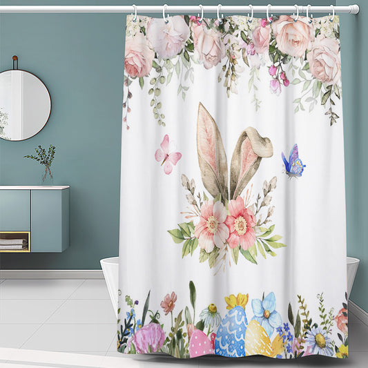 Spring PInk Floral with Butterfly Easter Holiday Bunny Ear Shower Curtain