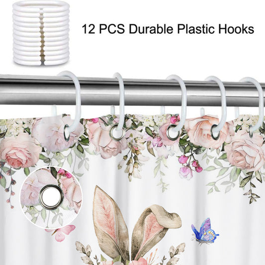 Spring PInk Floral with Butterfly Easter Holiday Bunny Ear Shower Curtain