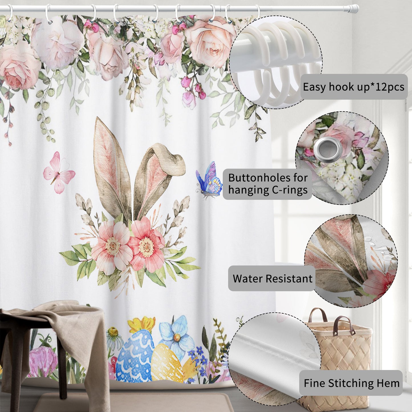 Spring PInk Floral with Butterfly Easter Holiday Bunny Ear Shower Curtain