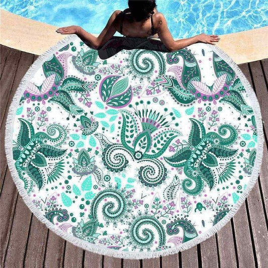 Beautiful Green Paisley Flowers Round Beach Towel | Paisley