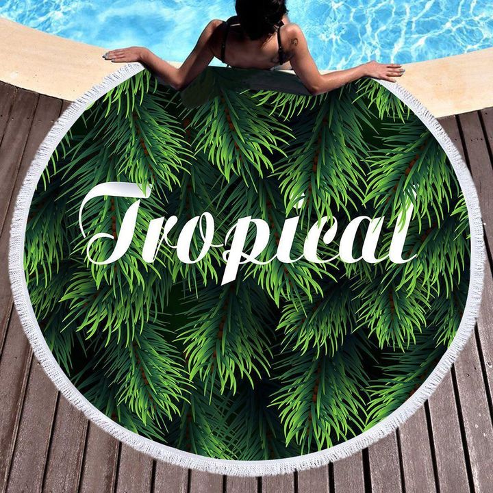 Tropical Exotic Palm Leaves Round Beach Towel