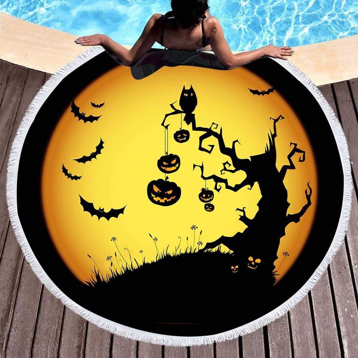 Horror Tree with Pumpkin Lantern Round Beach Towel Halloween Night with Bat | Halloween