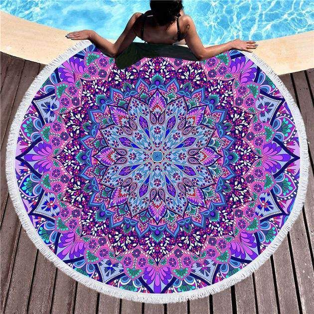 Purple Mandala Flowers Bohomian Round Beach Towel | Bohemian