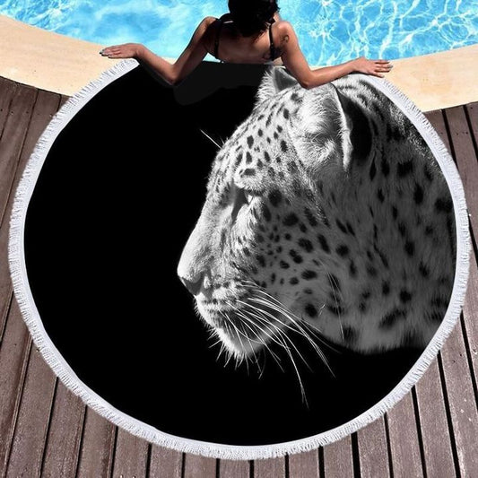 Black White Leopard Wildlife Animal Print Round Beach Towel | Tiger