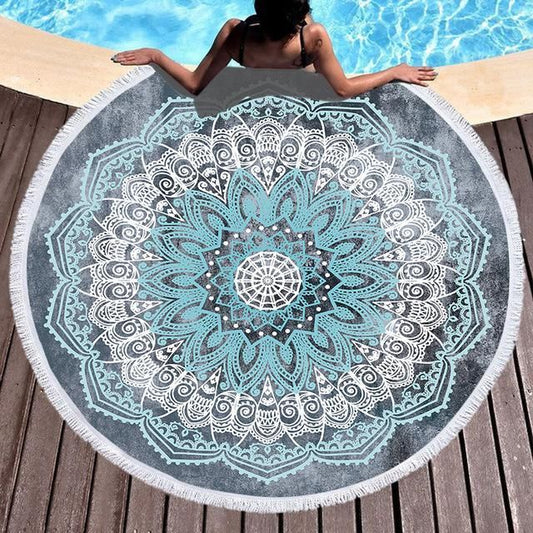 Teal Blue Boho Mandala Round Beach Towel | Mandala