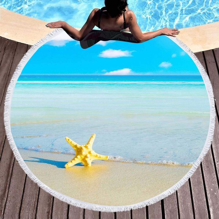 Blue Sky Summer Beach Sand Starfish Round Beach Towel | Starfish Beach Towel