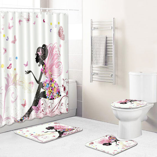 Beautimus Pink Spring Afro Fairy Butterfly Shower Curtain Set - 4 Pcs