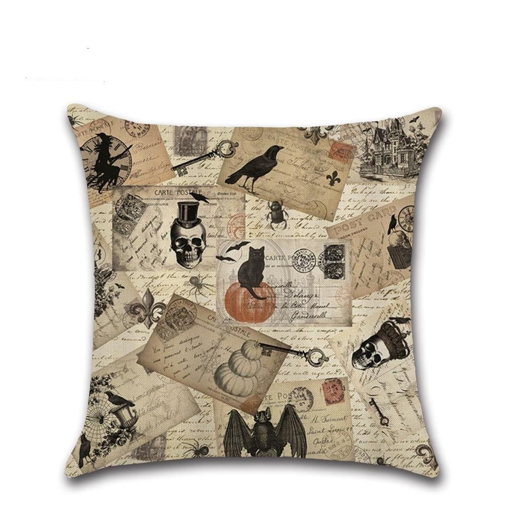 Halloween Crow Throw Pillow Cover Set Vintage Newspaper Skull Holiday