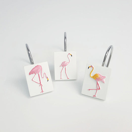 12Pcs Pink Flamingo Elegant Bird Rectangle Shower Curtain Hooks Rings 6 Types