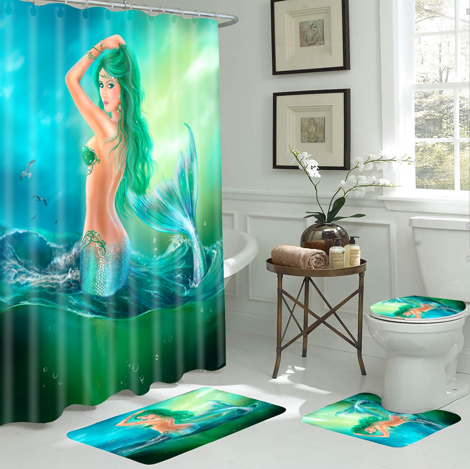 Green Mermaid at Ocean Surface Shower Curtain Set - 4 Pcs