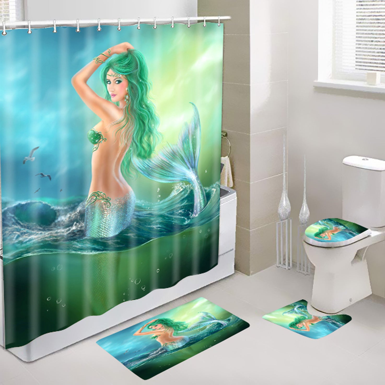 Green Mermaid at Ocean Surface Shower Curtain Set - 4 Pcs