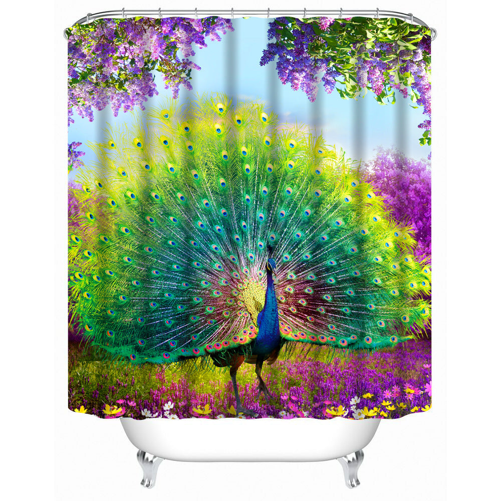 Blue Violet Flowers with Peacock Shower Curtain